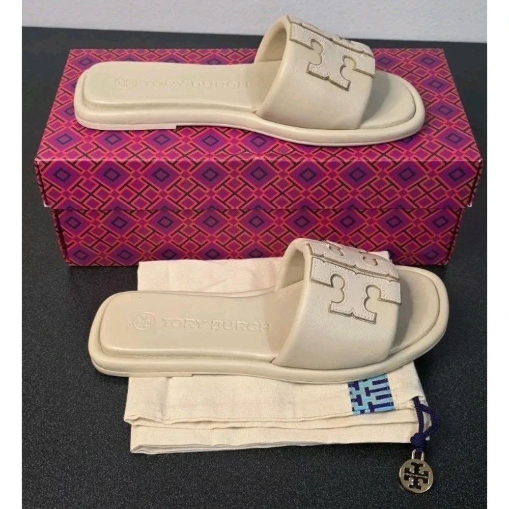 Tory Burch Women Double‎ T Sport Slide Sandals Nude Beige 6M Slip On Shoe Flats